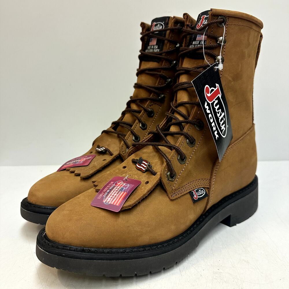 NWT Men's Justin 760 Original 8" Conductor Work Boot Aged Bark Made in USA 8 D